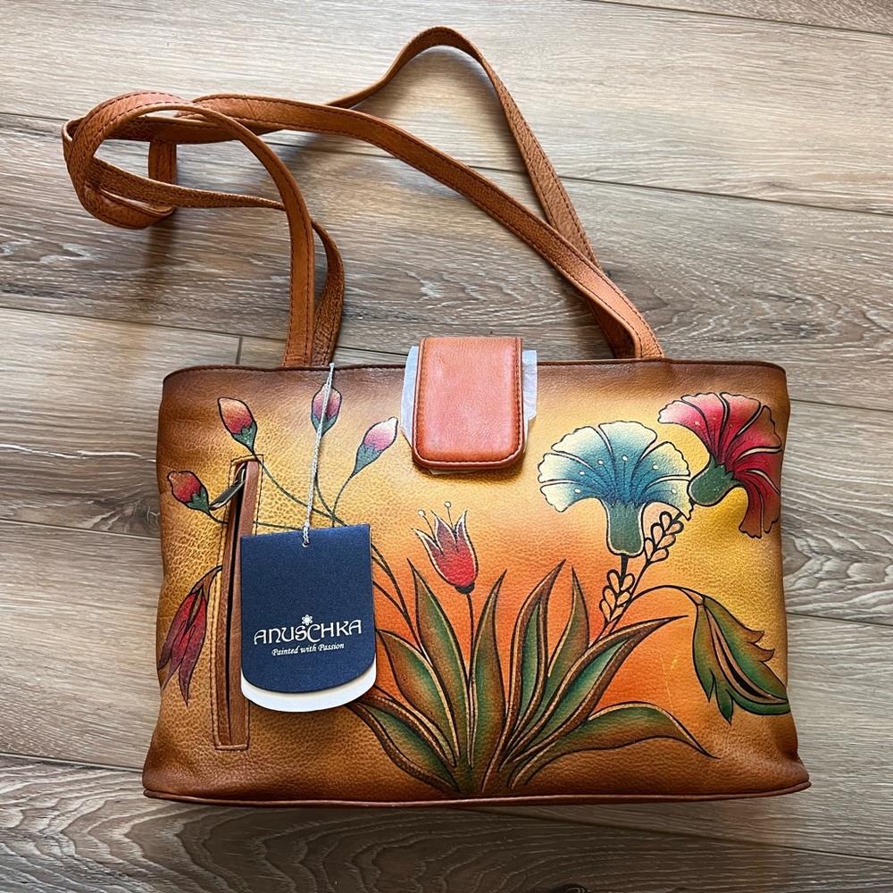 NWT Anuschka Hand Painted Brown Leather Handbag